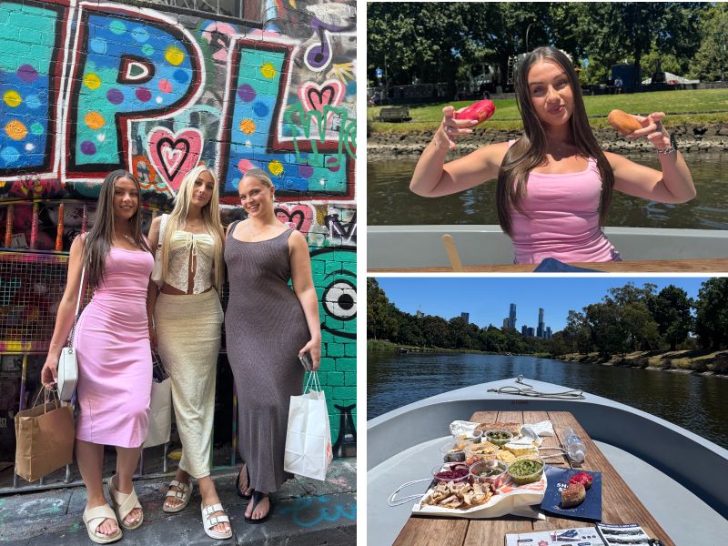 Reese enjoying the Melbourne Laneways Friends Mystery Picnic with Self Drive Boat